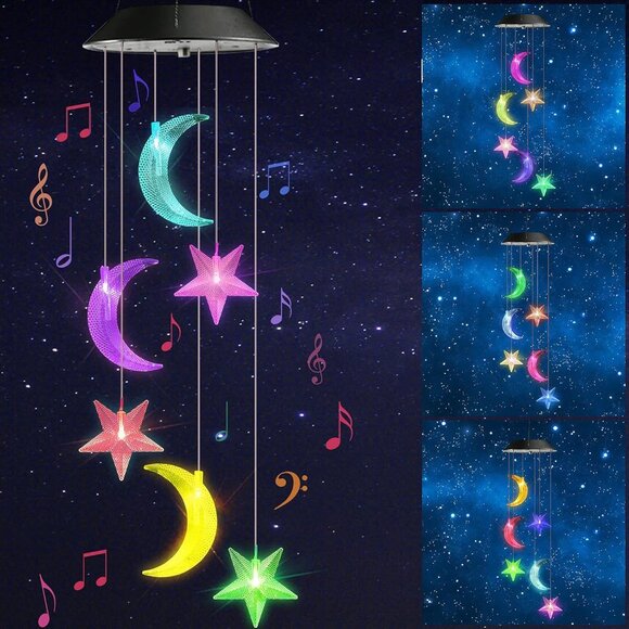 Solar Wind Chimes, Color Changing Wind Chimes Moon and Star, LED Decorative Mobi - Picture 1 of 7